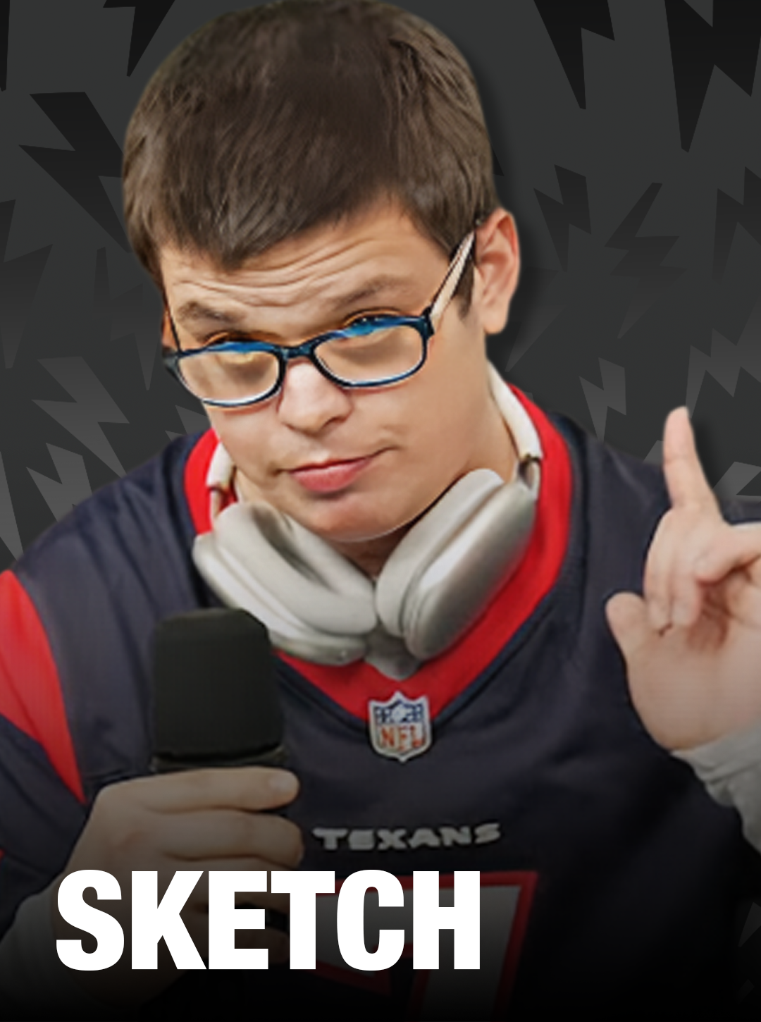 Person with glasses, headphones, and microphone on a patterned background.