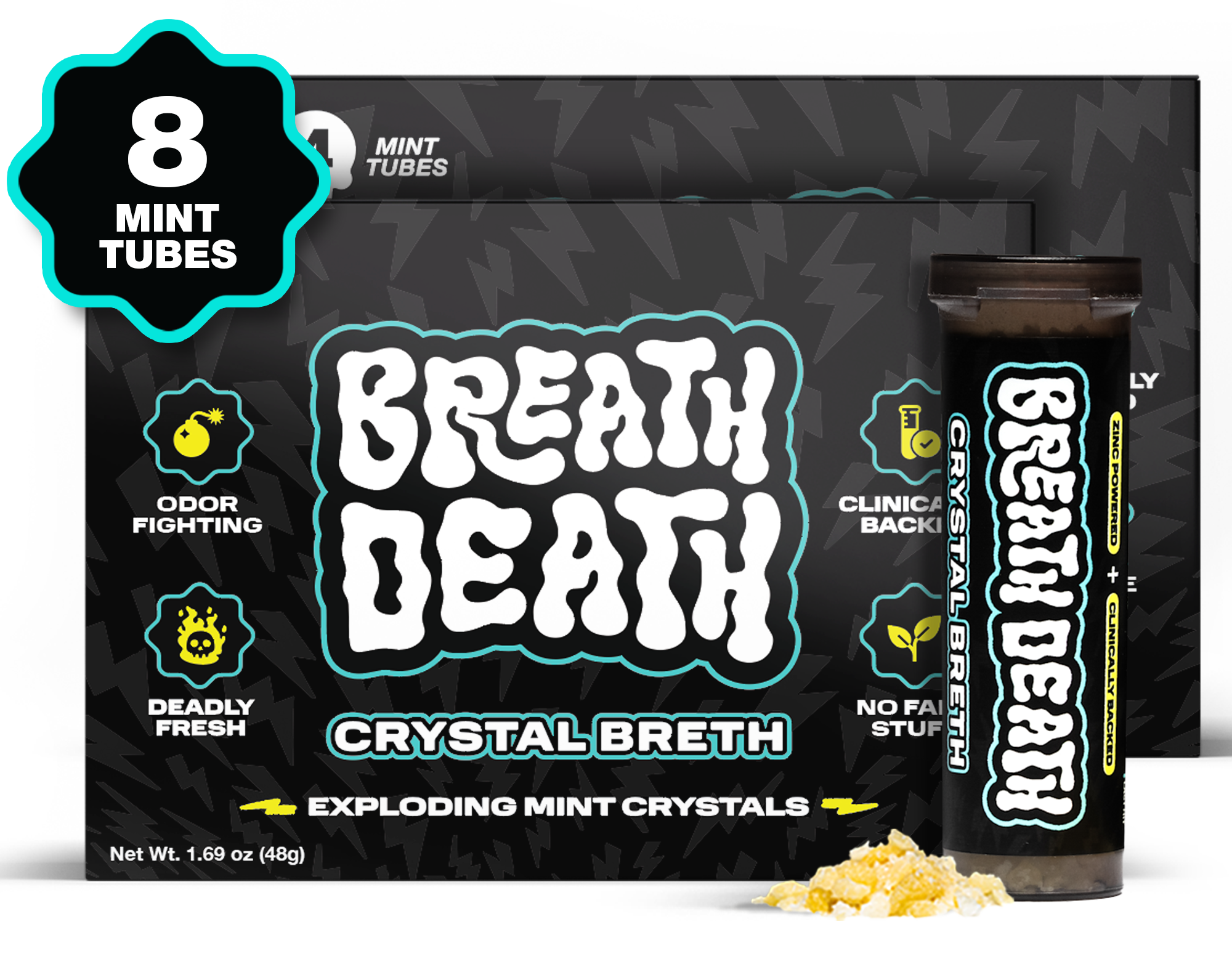 A packaged product labeled 'Breath Death Crystal Breth' with exploding mint crystals and eight mint tubes.