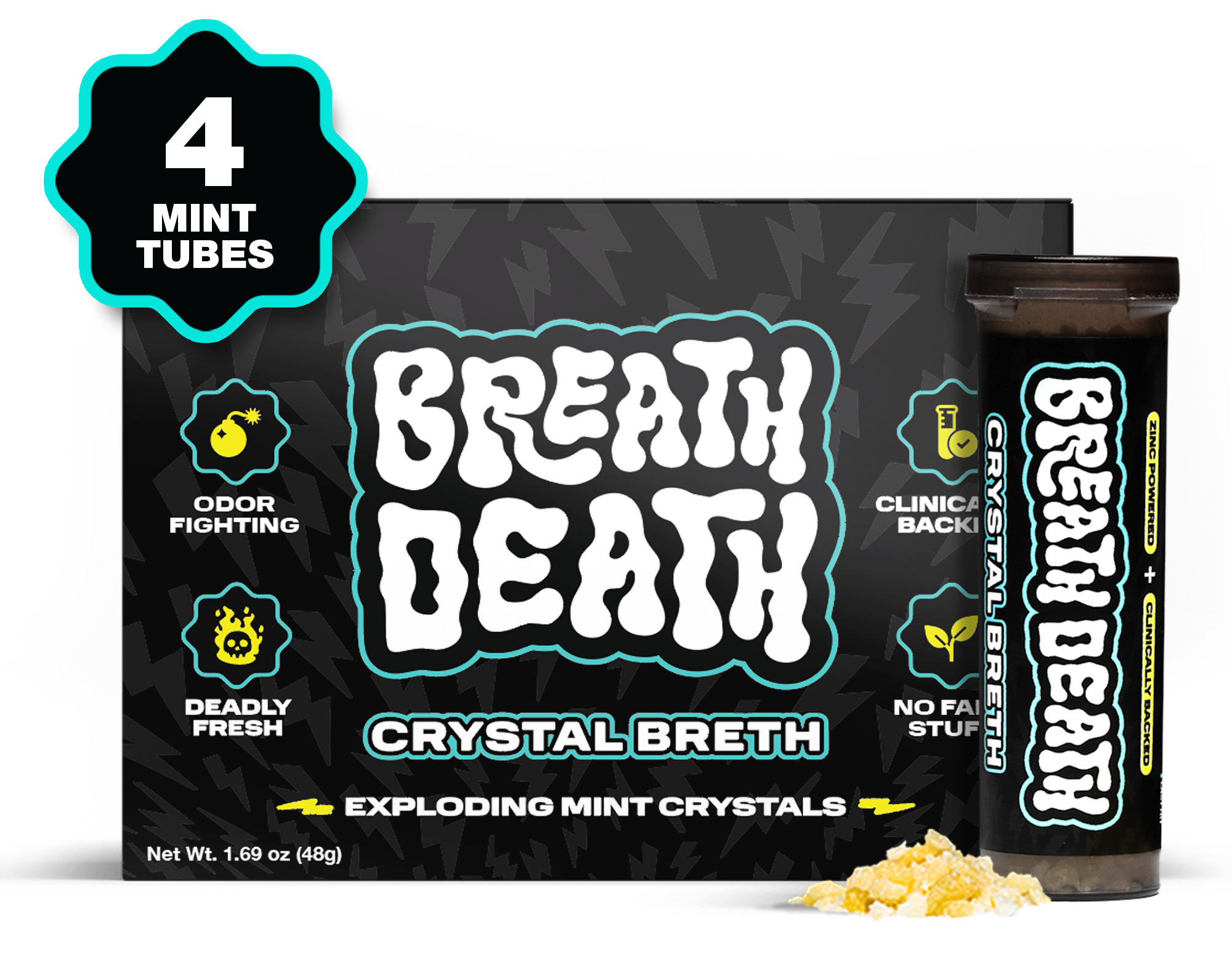 Breath Death mint product packaging with text and graphics, featuring mint crystals and a mint tube.
