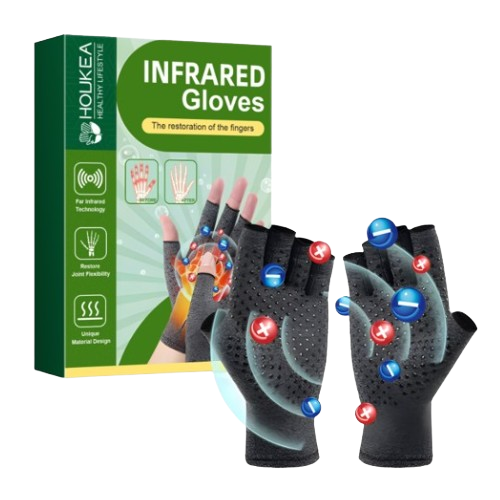 Box and pair of infrared therapy gloves with symbols indicating features.