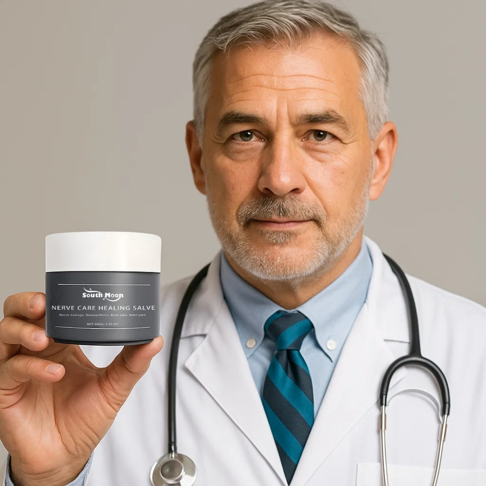 Doctor holding a jar labeled 'Nerve Care Healing Salve' with a stethoscope around his neck.