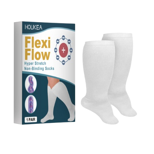 Box and pair of white knee-high socks labeled 'Flexi Flow'.