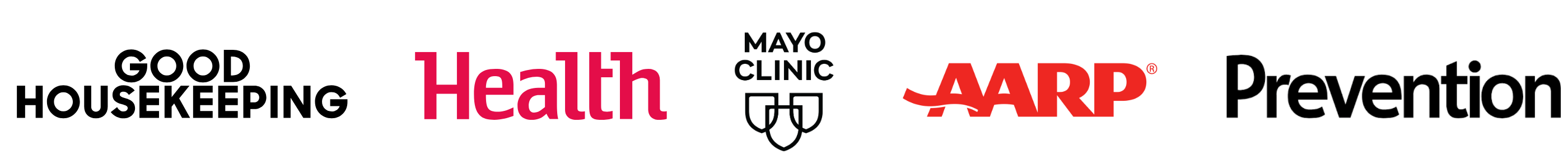Logos of Good Housekeeping, Health, Mayo Clinic, AARP, and Prevention.