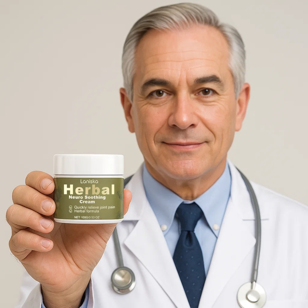 Doctor holding a jar of herbal neuro soothing cream.