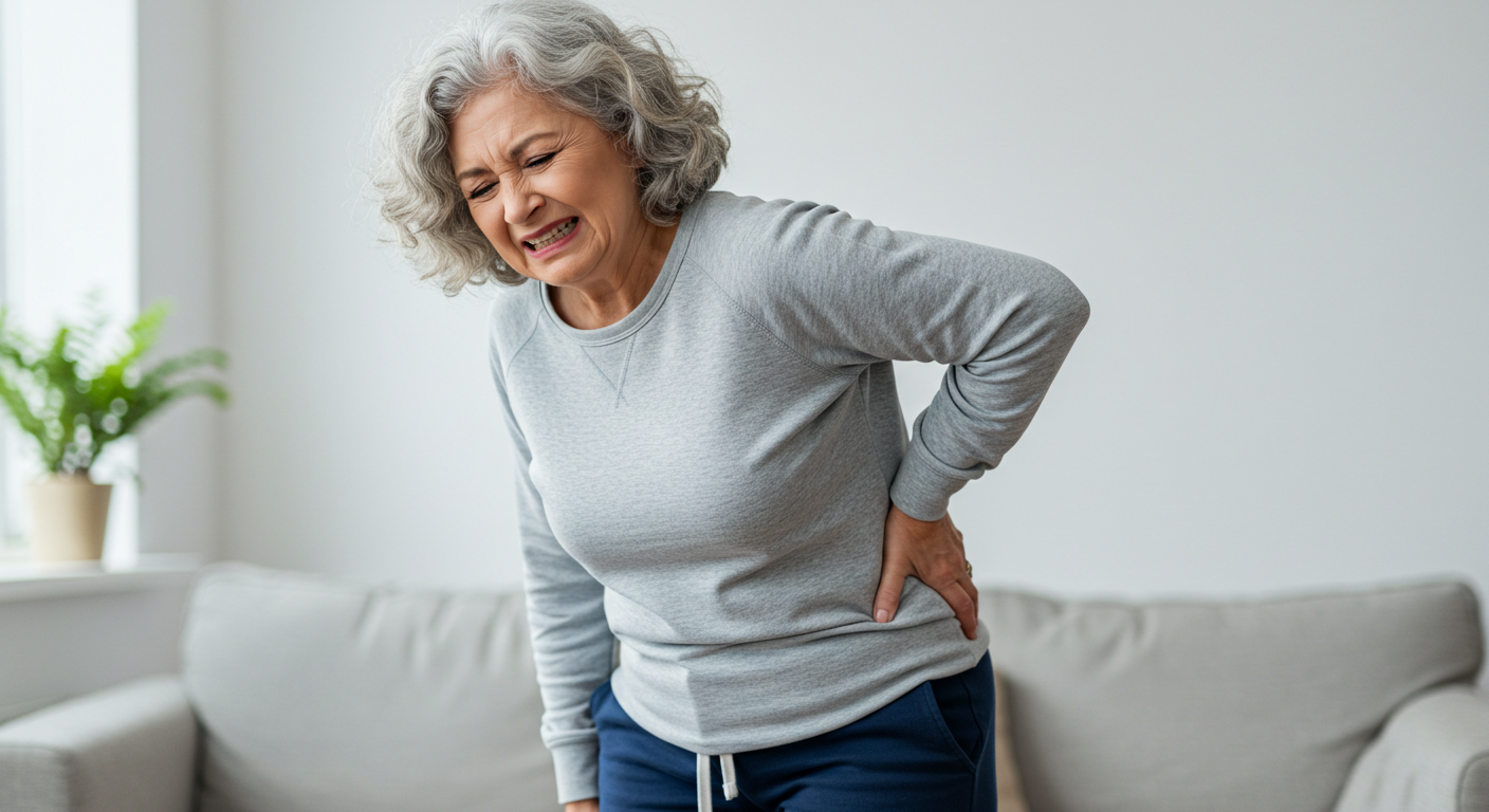 Older woman holding her back in pain, standing in a living room.