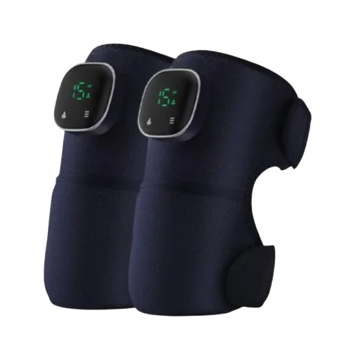 Two black knee braces with digital displays showing temperature.