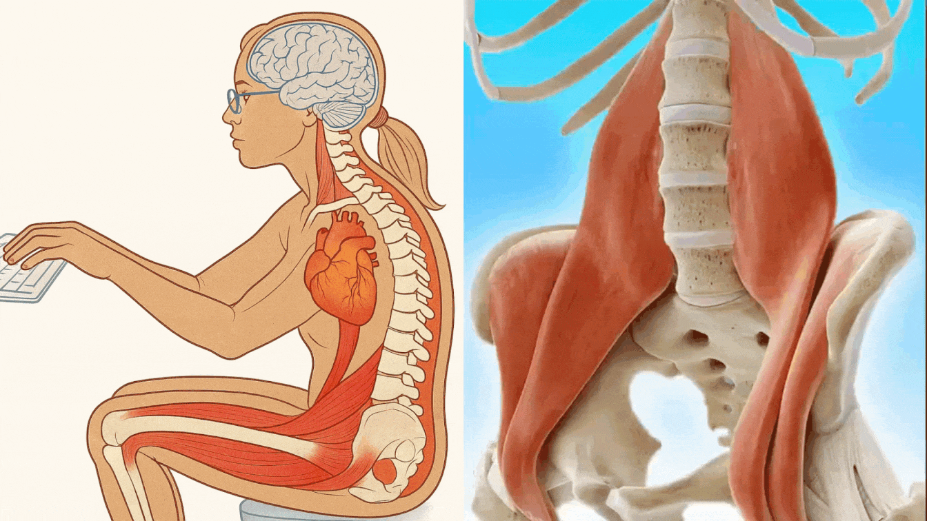 Illustration of human anatomy showing muscles, brain, and heart in a seated posture.