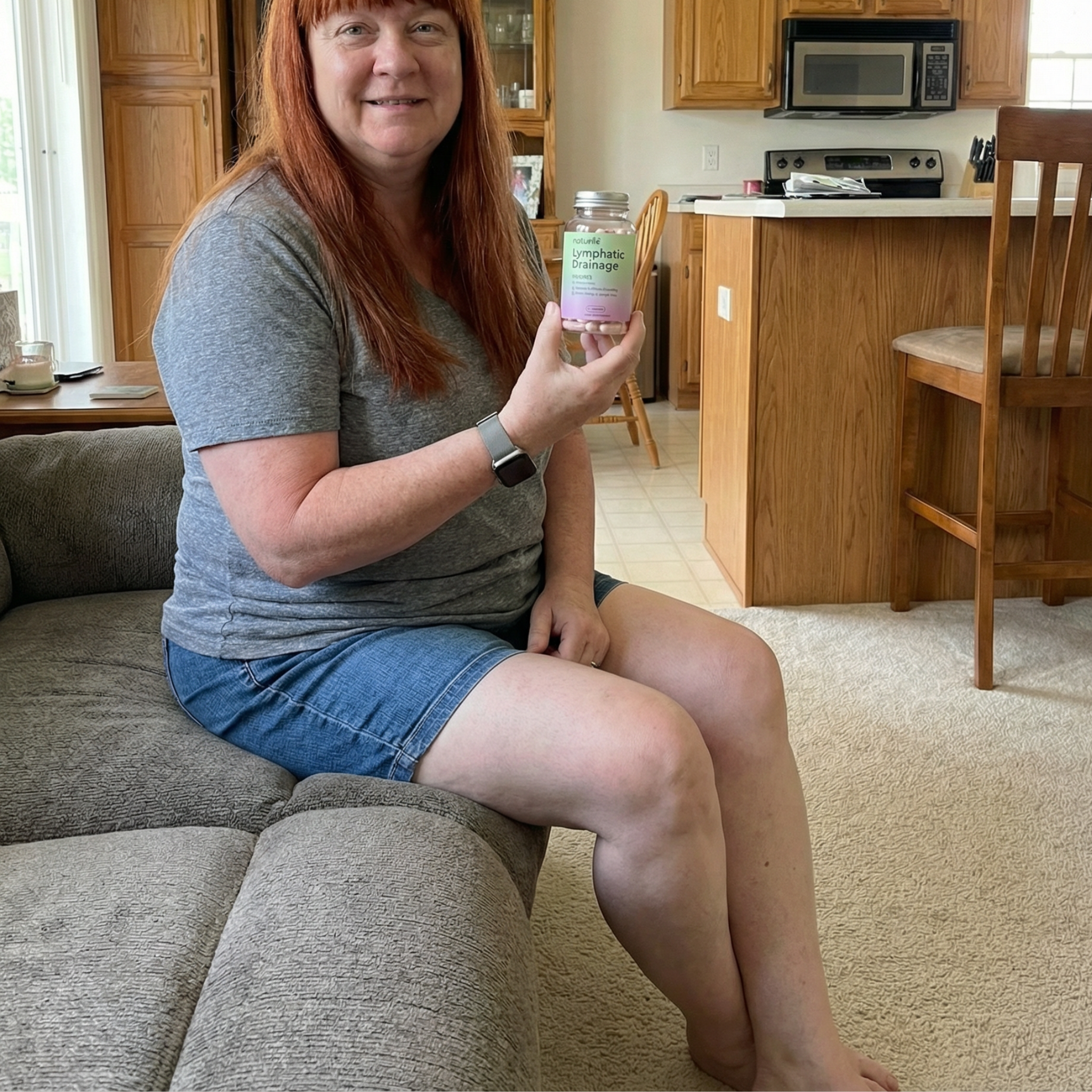 A woman with red hair sits on a gray couch holding a bottle of Naturife Lymphatic Drainage pills.