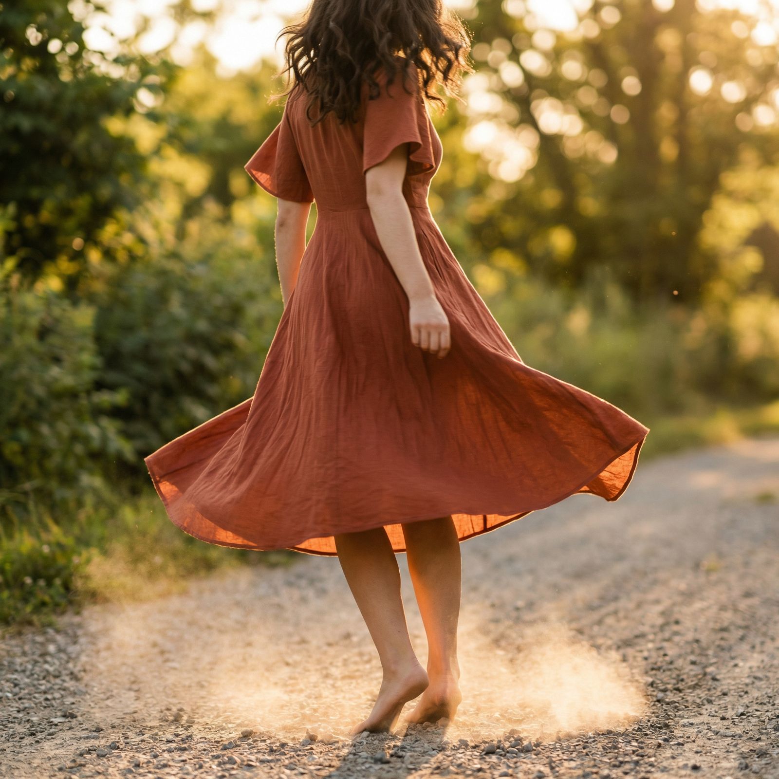 A woman in a rust-colored dress twirls barefoot on a dusty gravel path during sunset.