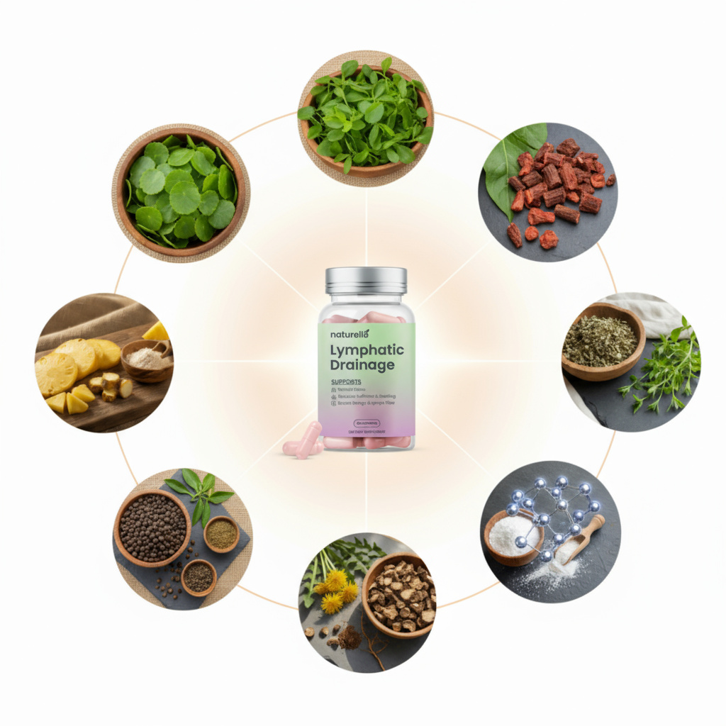 Herbal ingredients encircle a supplement bottle labeled 'Lymphatic Drainage'.