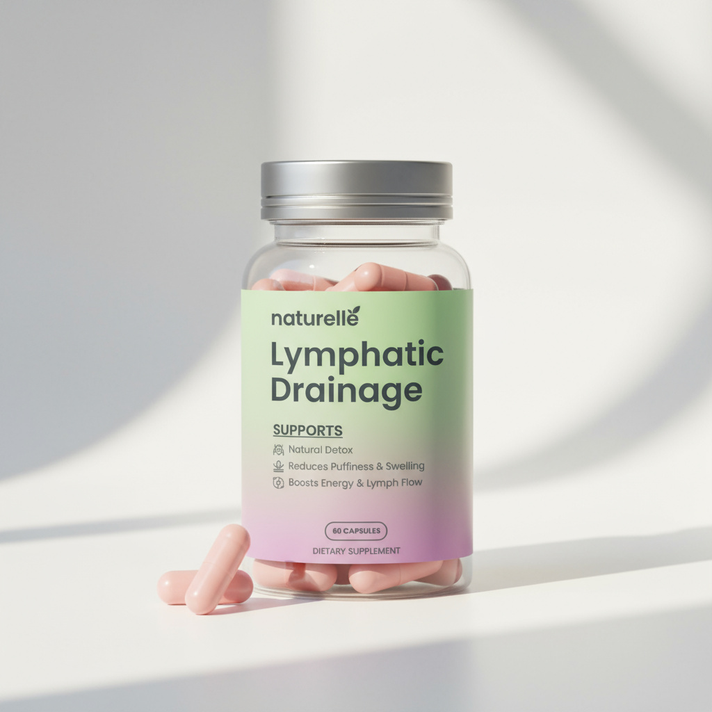 A bottle of lymphatic drainage capsules with a green and pink label.