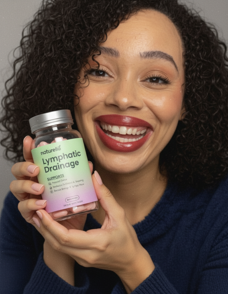 Person smiling and holding a bottle of 'Lymphatic Drainage' supplements.