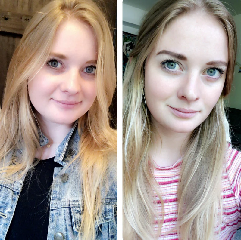A side-by-side comparison of a woman showing her eyebrows before and after being darkened and shaped.