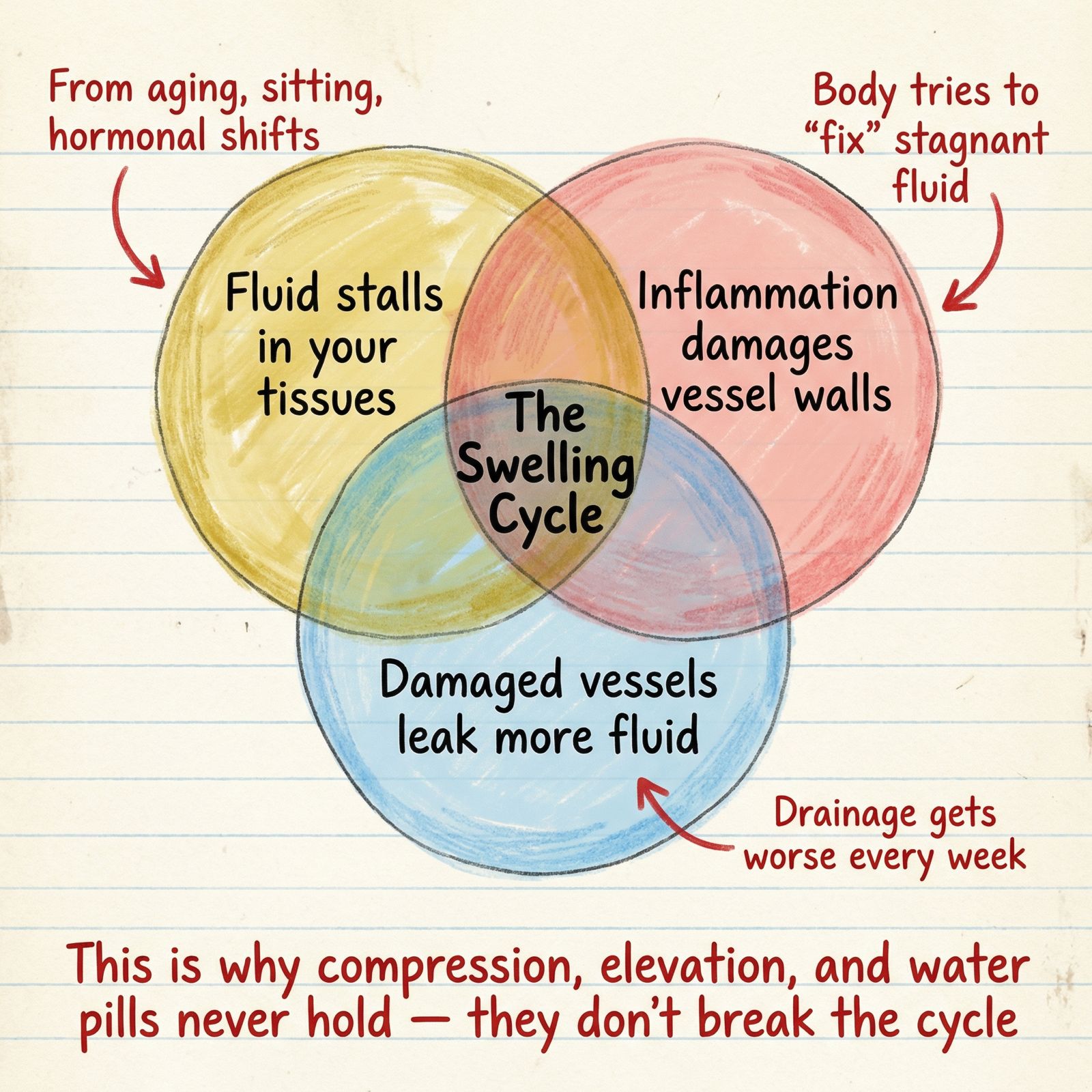 A Venn diagram illustrating 'The Swelling Cycle' with causes like stalled fluid, inflammation, and damaged vessels.