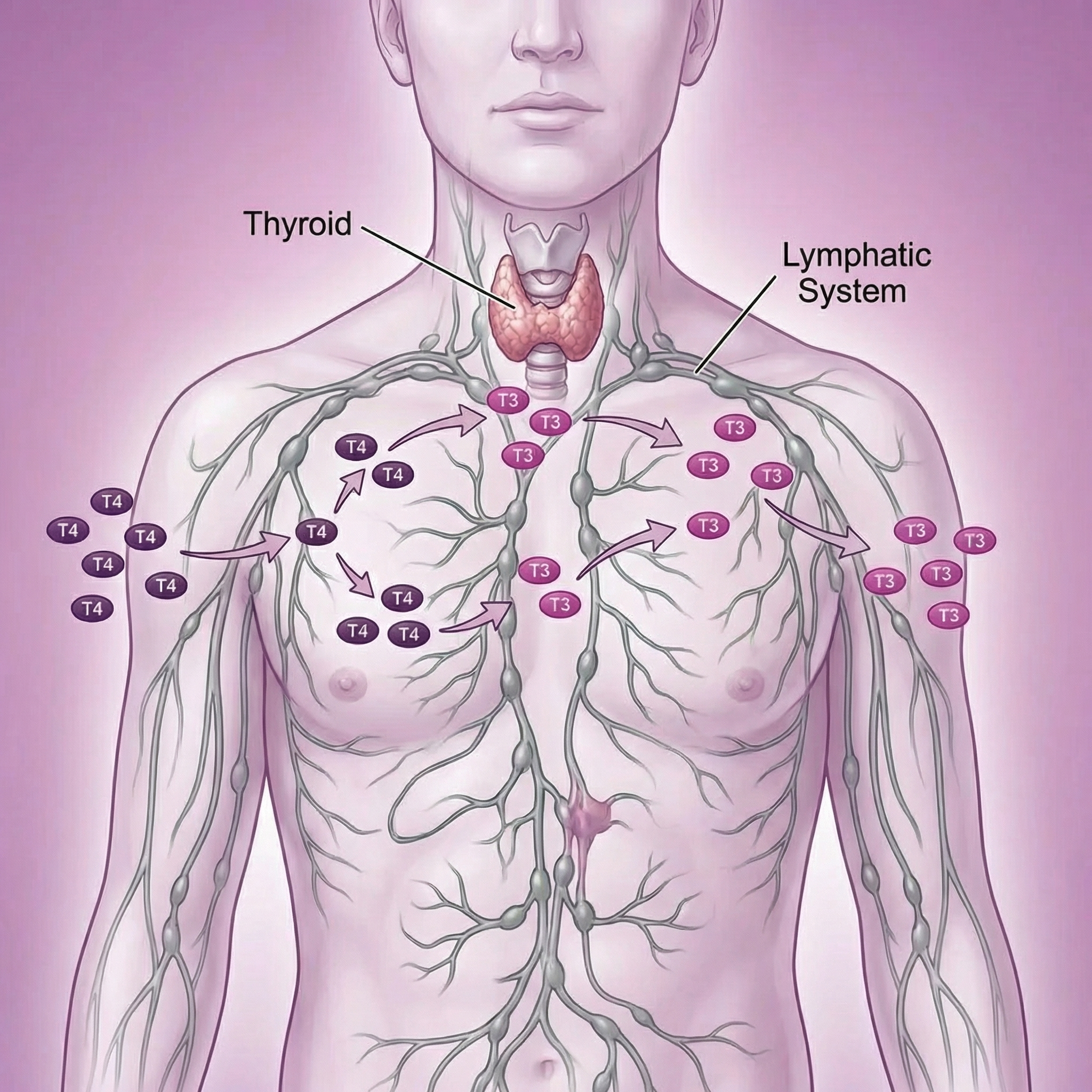 An anatomical illustration showing the thyroid gland, the lymphatic system, and the flow of T3/T4 hormones.