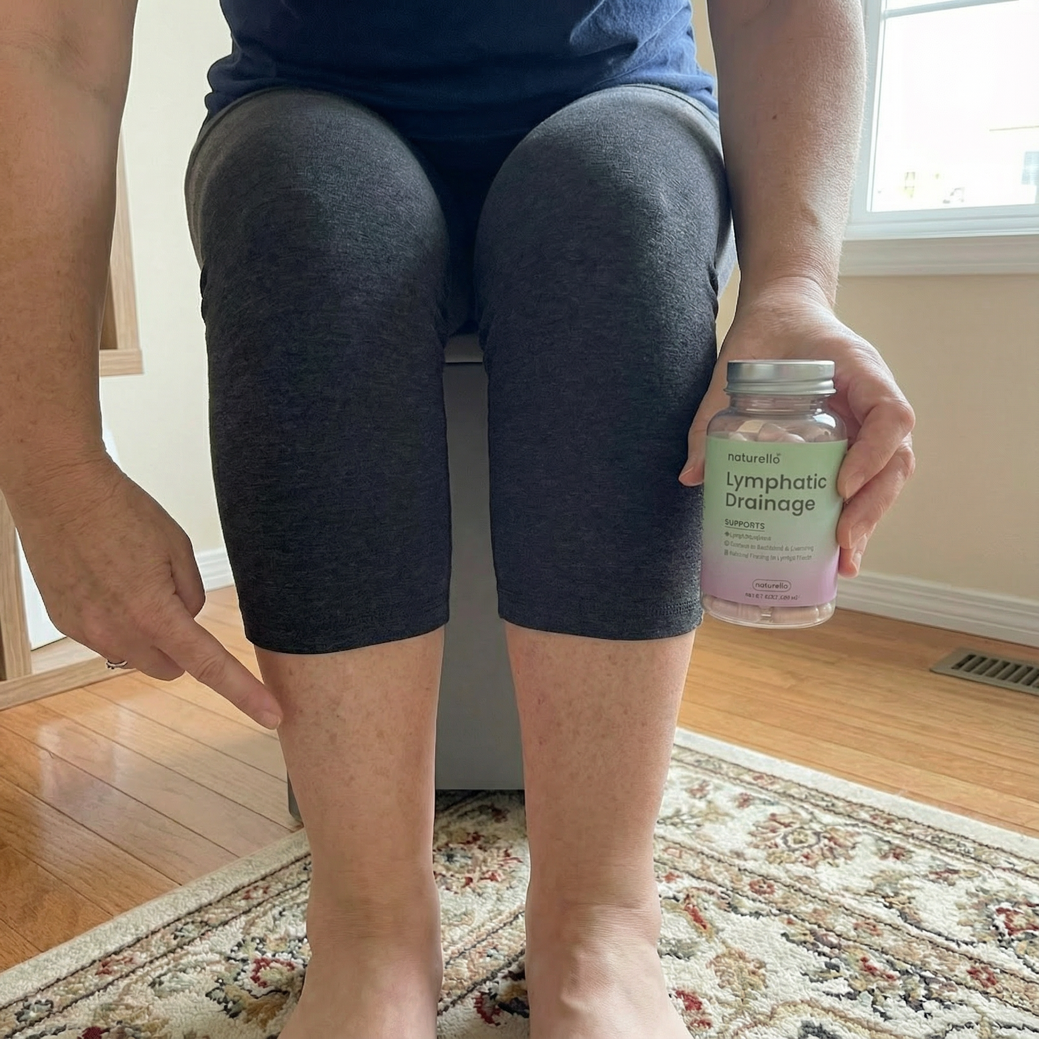A person wearing leggings points to their shin while holding a bottle of Lymphatic Drainage supplements.