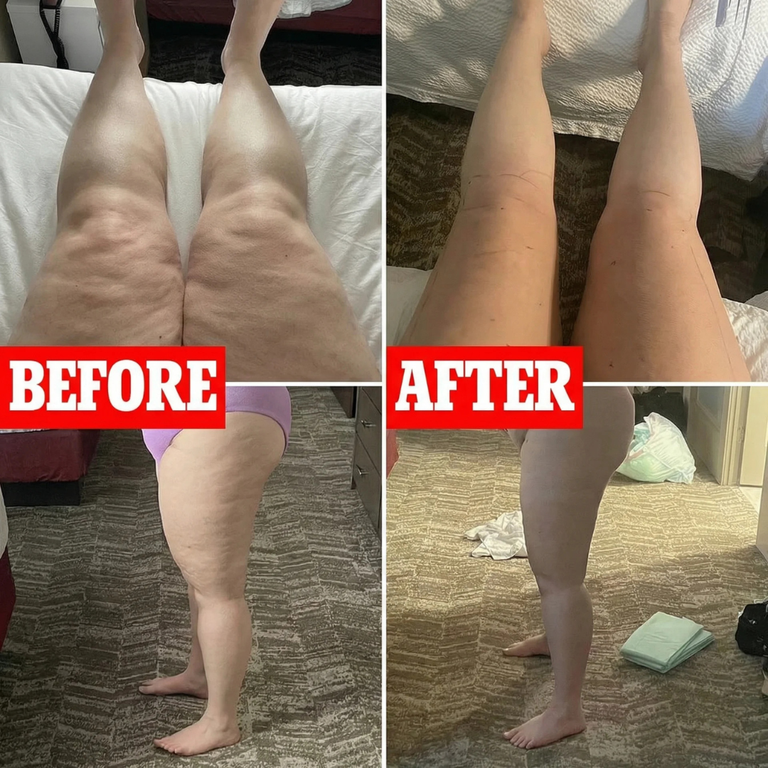 A before-and-after collage showing a reduction in the appearance of cellulite on a woman's legs.
