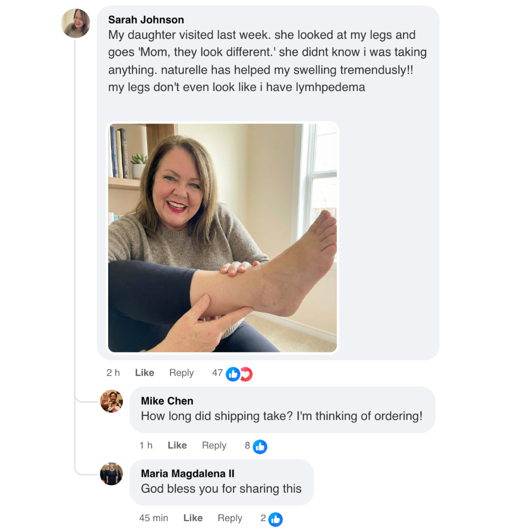 A screenshot of a social media post where a woman is smiling and holding her leg.