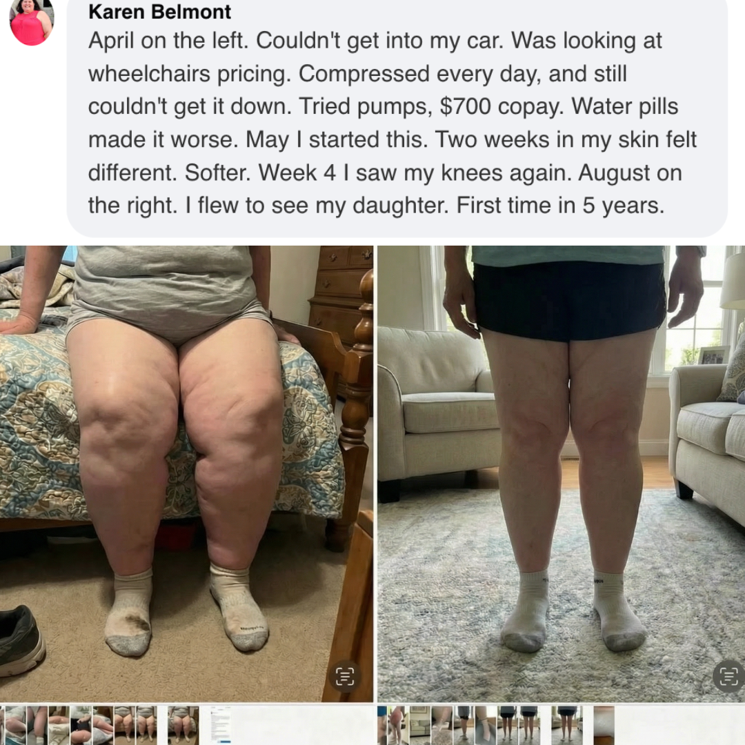 Before-and-after photos of a woman's legs, showing a significant reduction in swelling and improved skin texture.