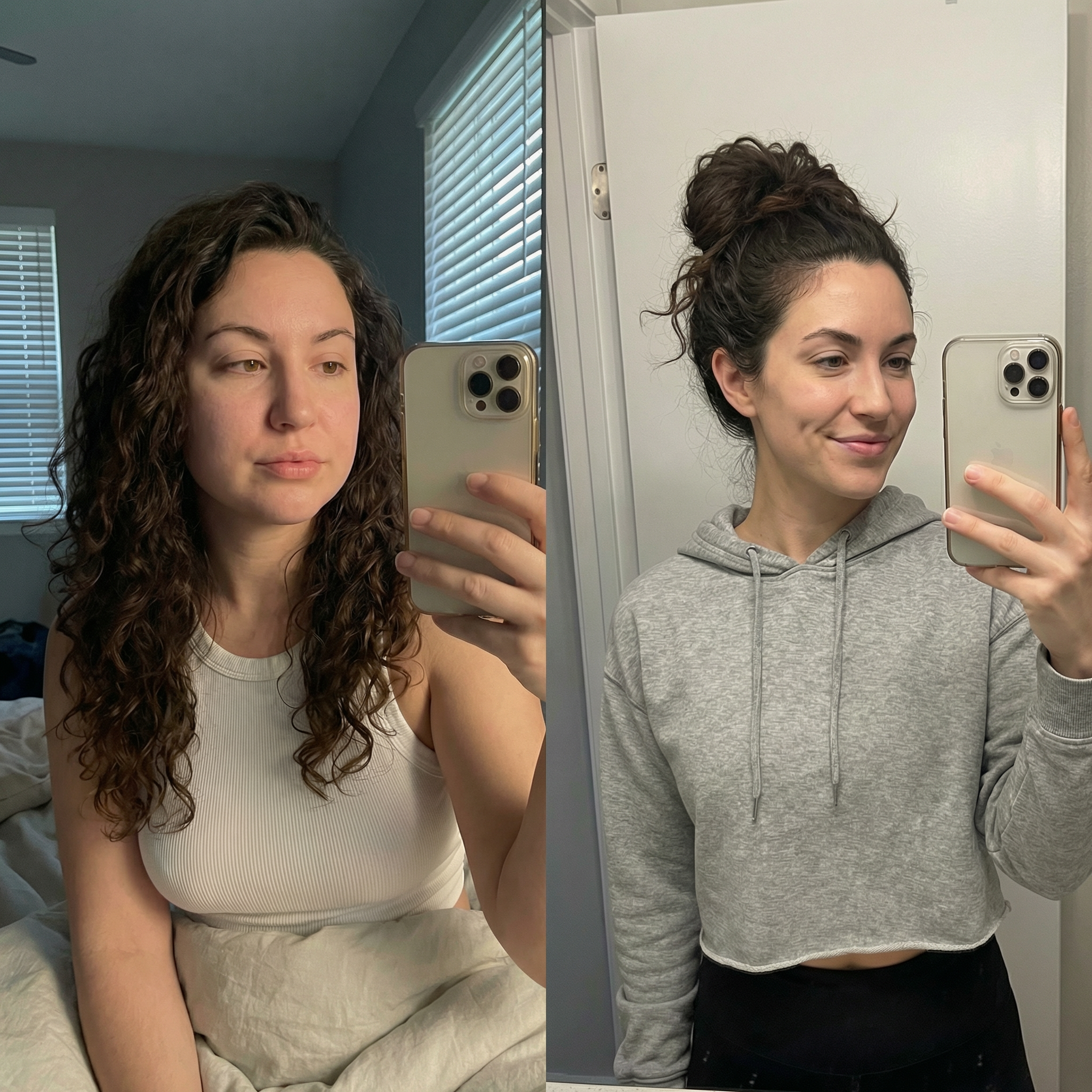 A before and after image of a woman, first with her curly hair down, then with it up.