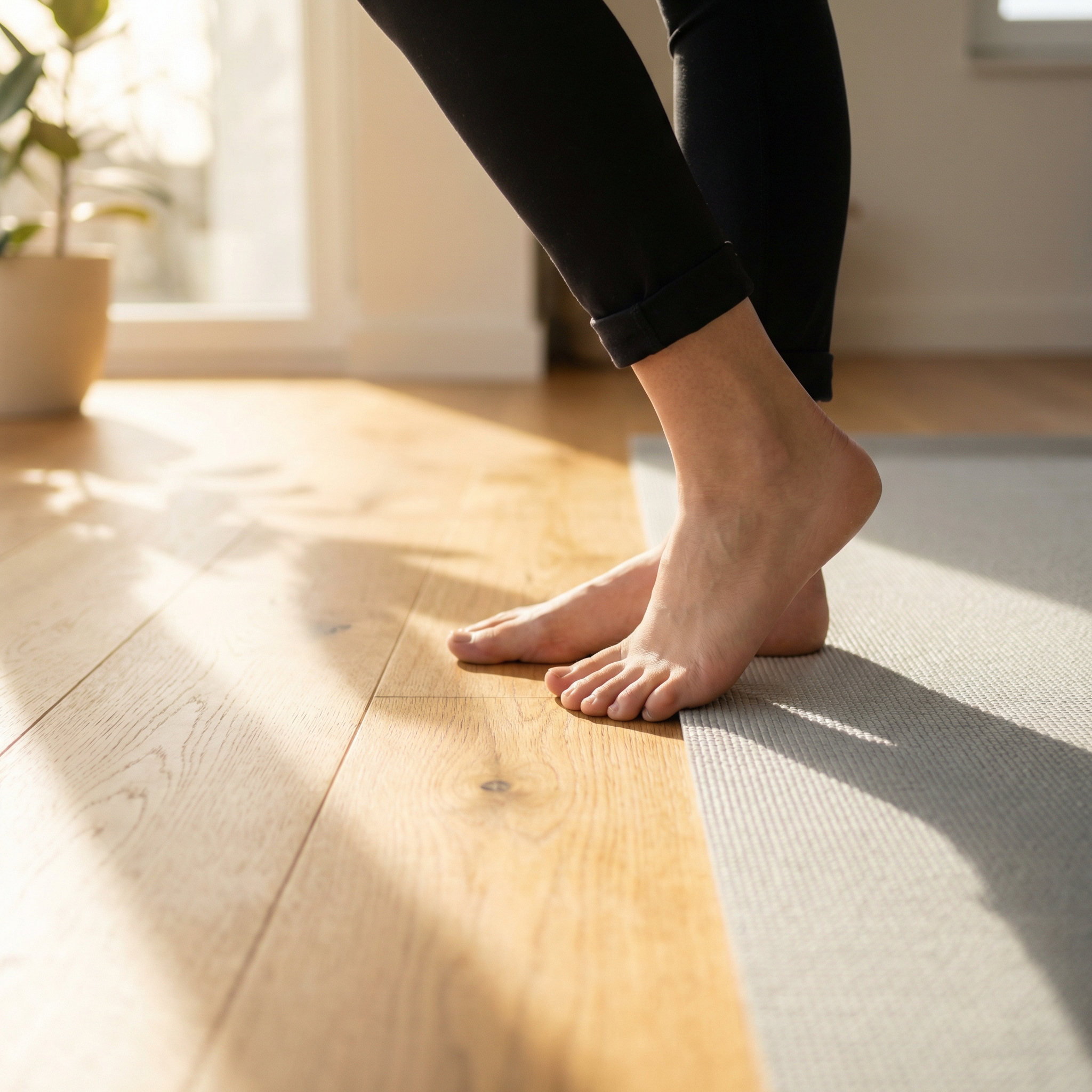Close-up of a person's bare feet on a yoga mat on a sunlit wooden floor.