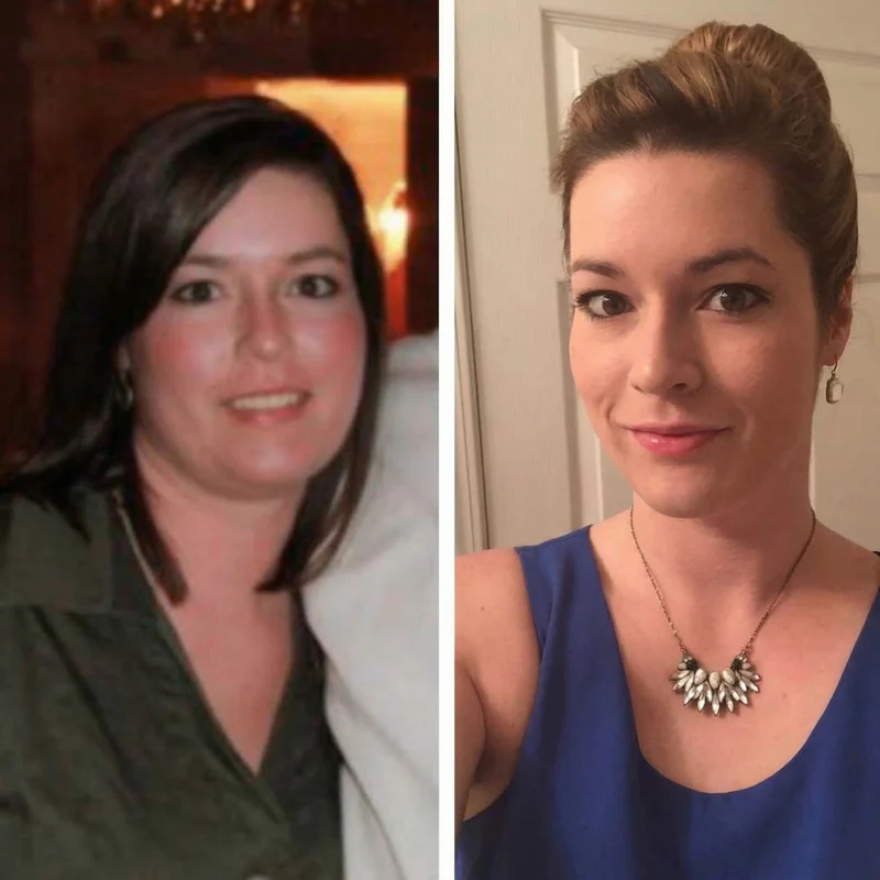 A side-by-side before and after comparison photo of a woman.