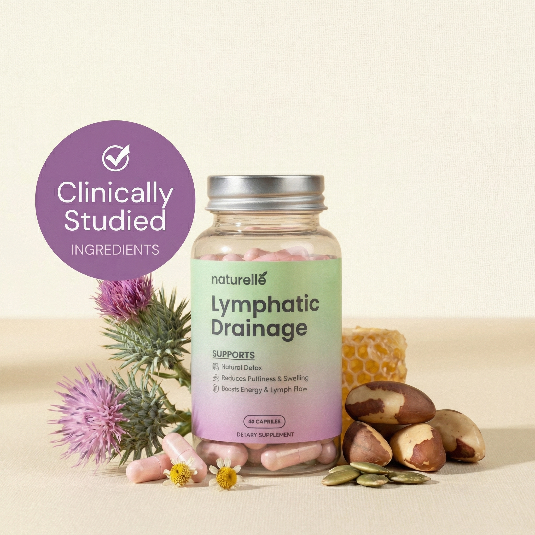 A bottle of naturellé Lymphatic Drainage supplements surrounded by ingredients like milk thistle, nuts, seeds, and honeycomb.