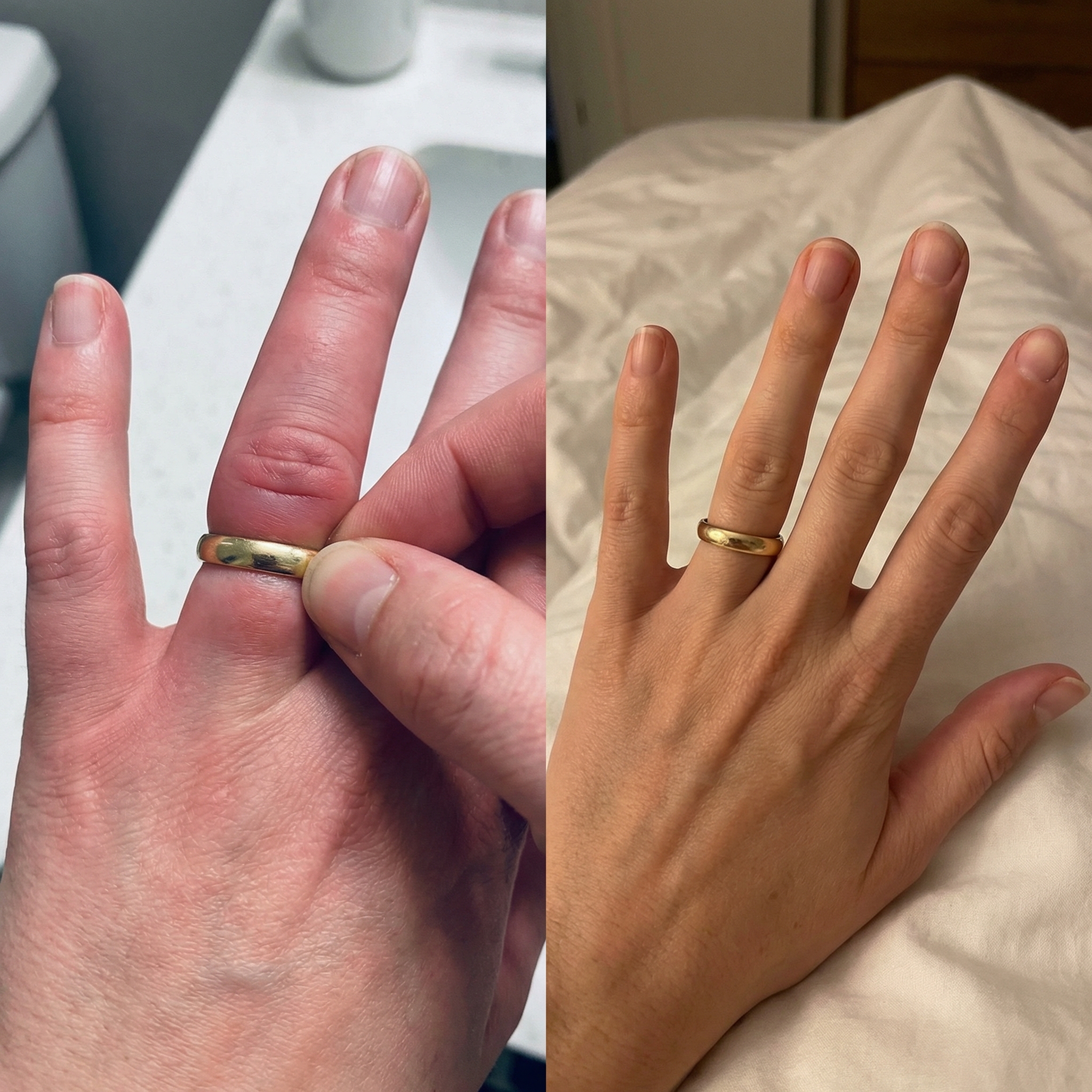 A before and after comparison of a swollen finger, showing a tight ring becoming a comfortable fit.