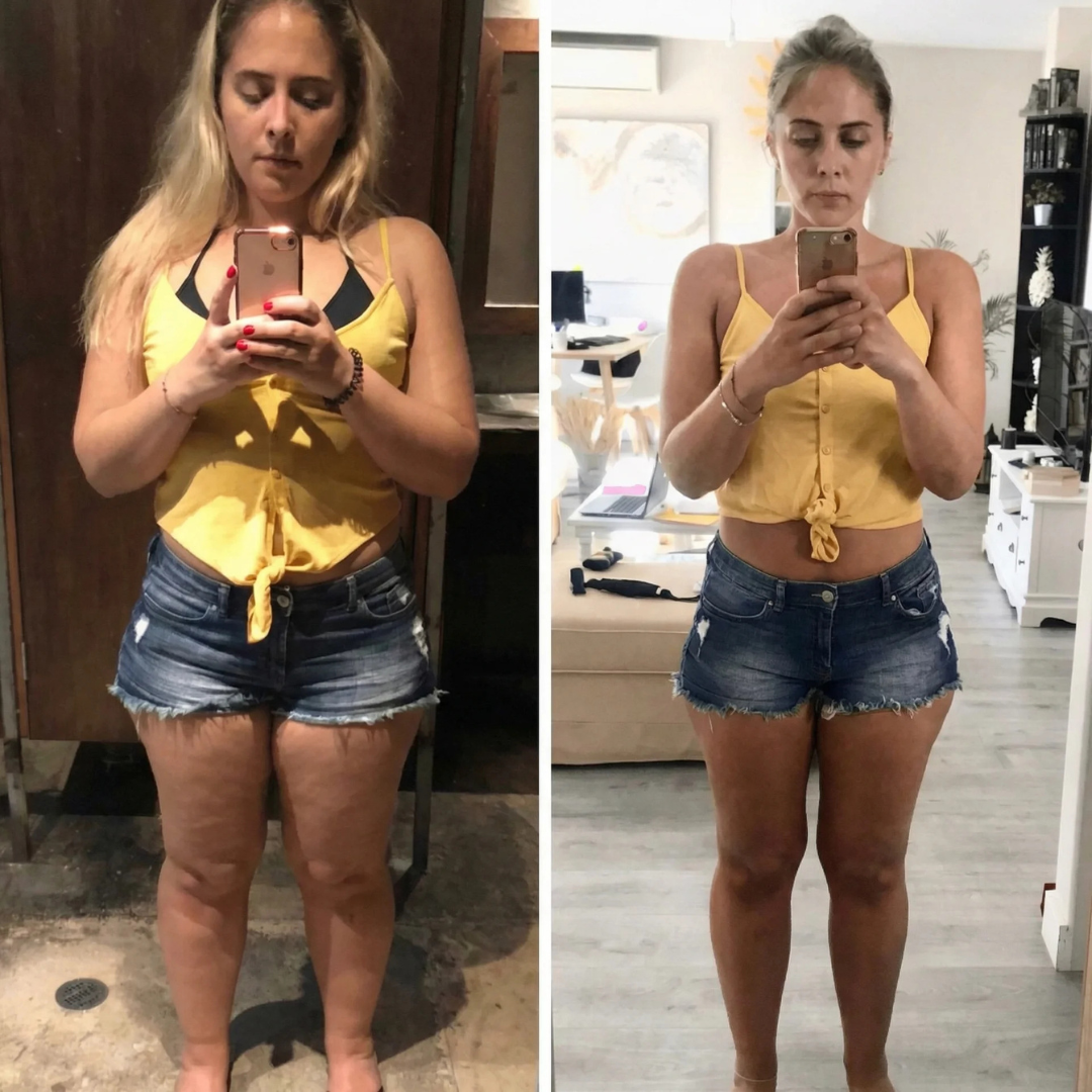A before-and-after comparison of a woman in a yellow top and jean shorts taking a selfie.