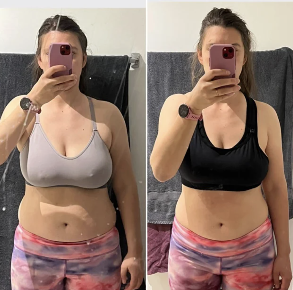 Two side-by-side photos of a person taking a mirror selfie in different tops.