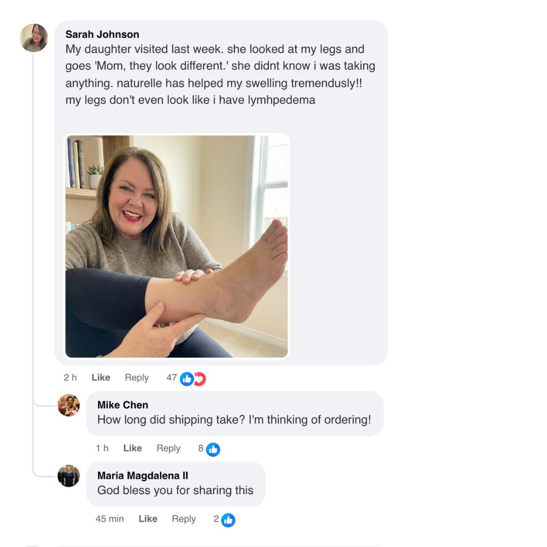 A screenshot of a social media post with a woman's testimonial and a photo of her leg.