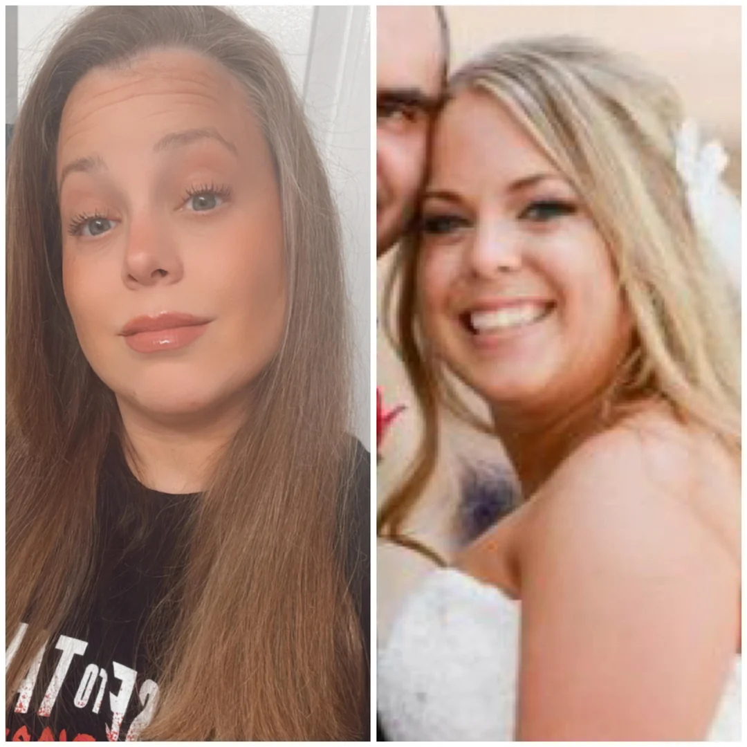 A side-by-side comparison of a woman in two different photos, one a selfie, the other a wedding photo.