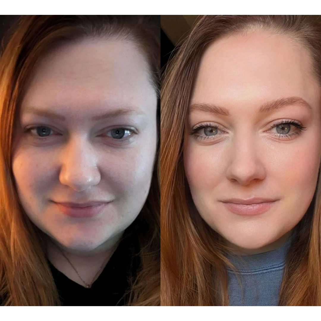A side-by-side comparison of a woman's face, one without makeup and one with makeup.