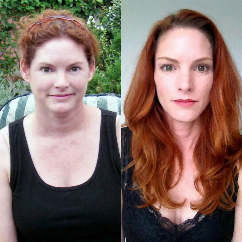 A before and after diptych of a red-haired woman, showing a transformation in her appearance.