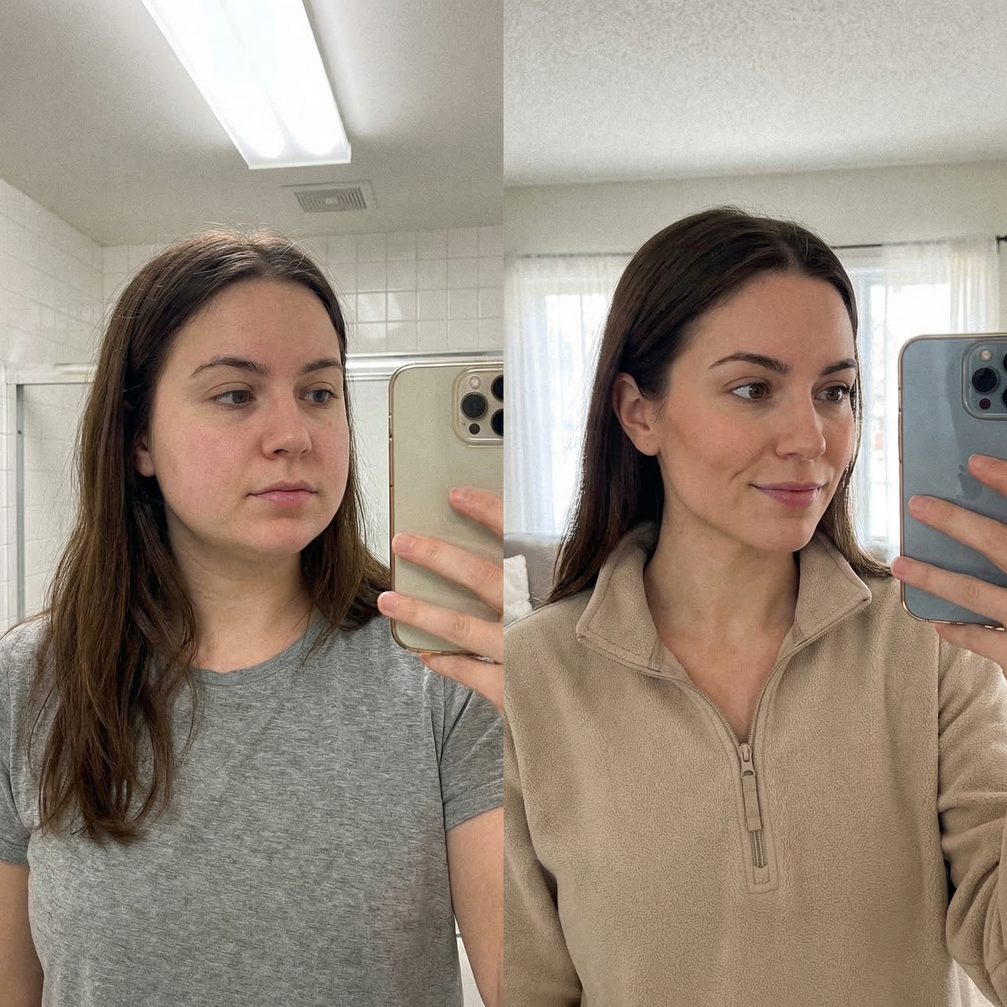 A side-by-side comparison of a woman's face before and after applying makeup.