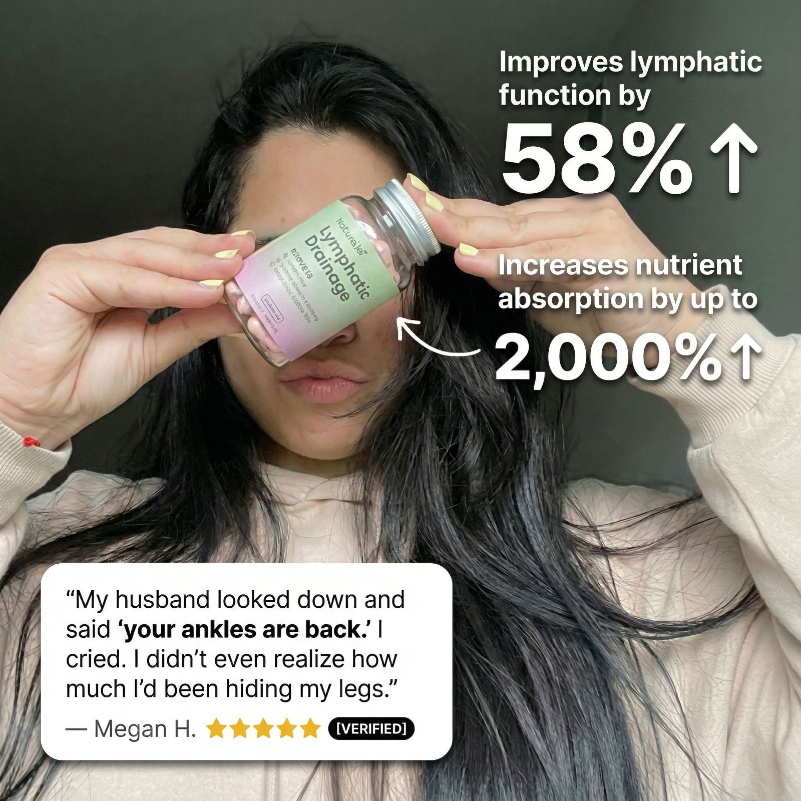 A woman holds a bottle of Naturalia Lymphatic Drainage supplements over her eye in an ad with testimonials.