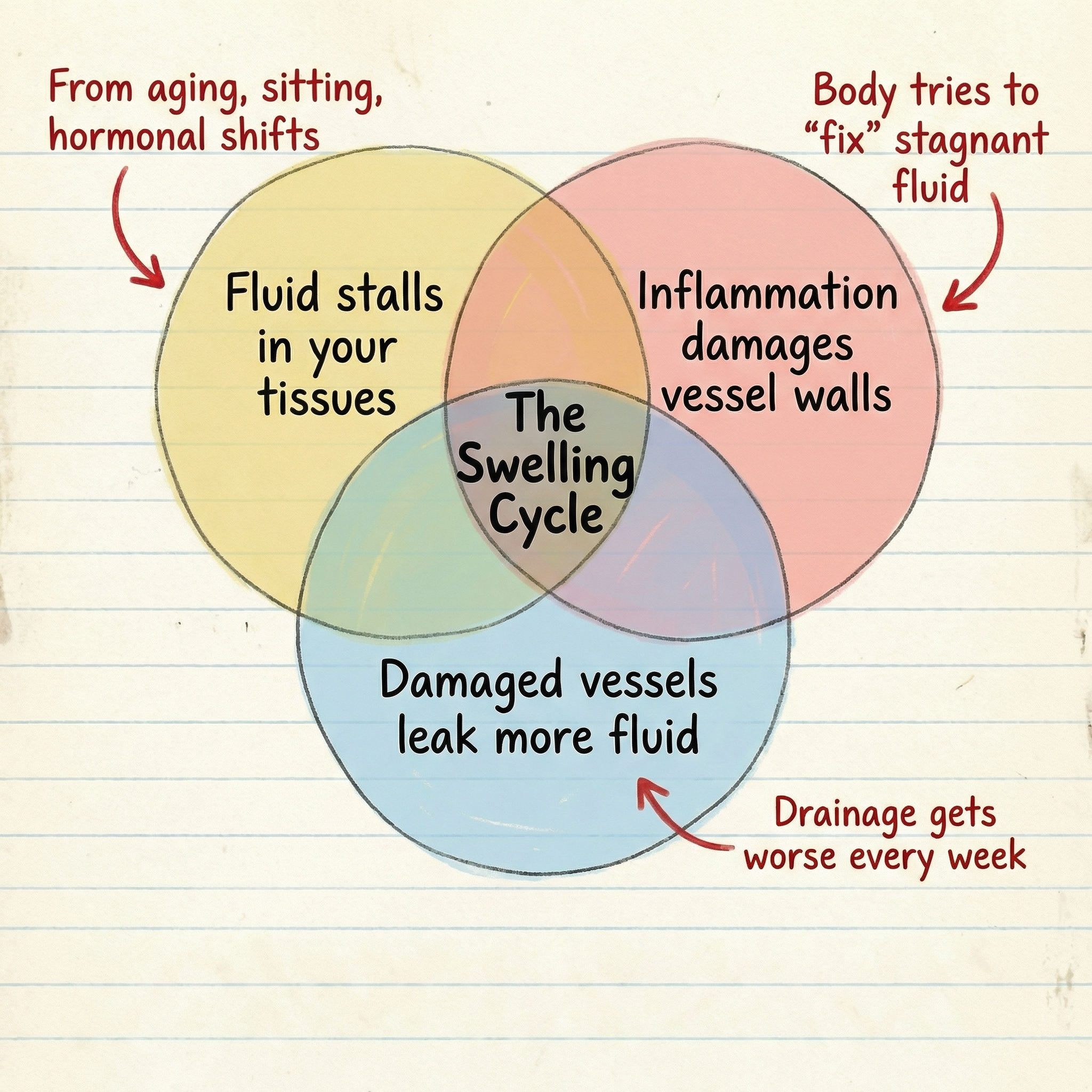 A Venn diagram explaining 'The Swelling Cycle' with three overlapping circles showing causes and effects of swelling.