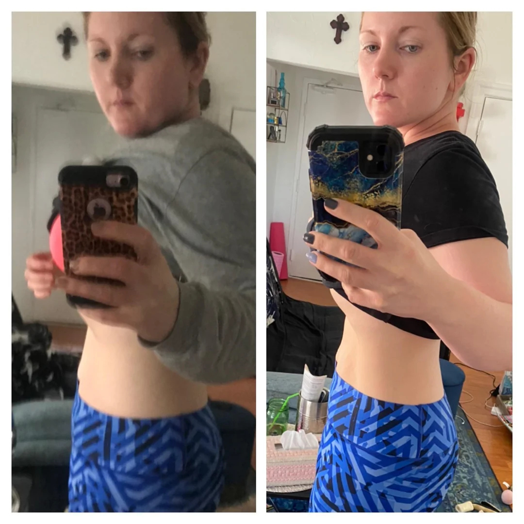 A side-by-side before and after comparison of a woman taking a mirror selfie in athletic wear.