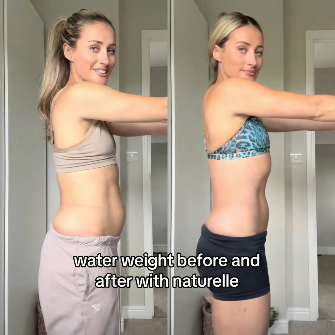 A side-by-side before and after image of a woman's torso, showing a reduction in abdominal bloating.