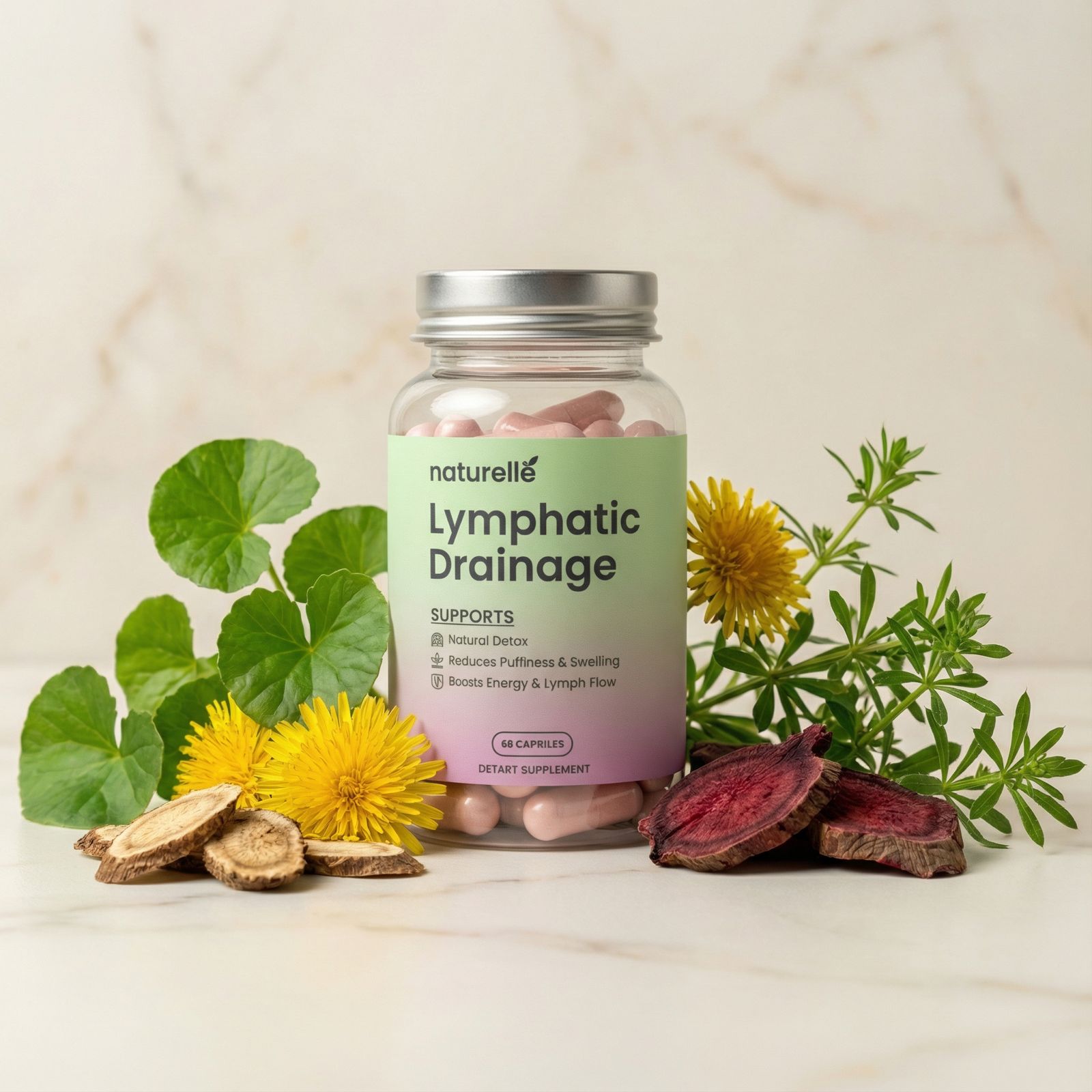 A bottle of Naturellé Lymphatic Drainage supplements surrounded by herbs, flowers, and sliced roots on a marble surface.