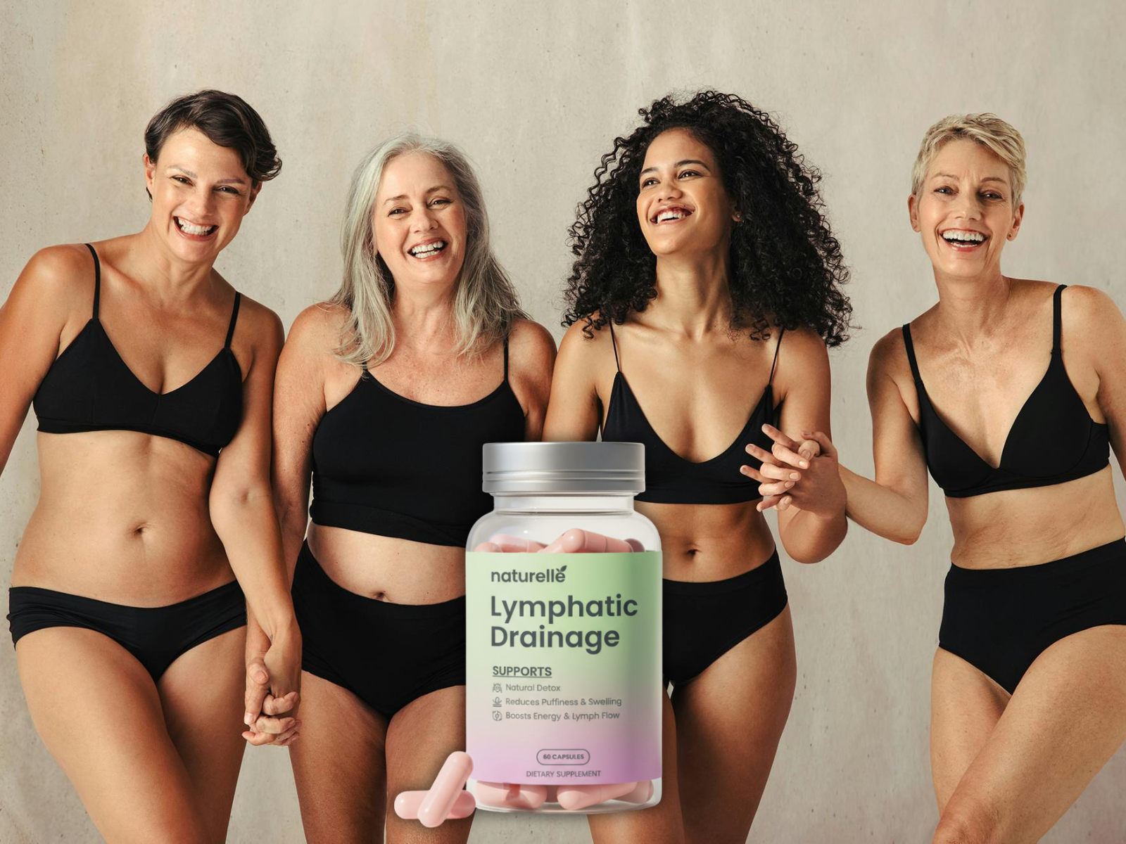 Four women in black undergarments smiling with a supplement bottle in front.