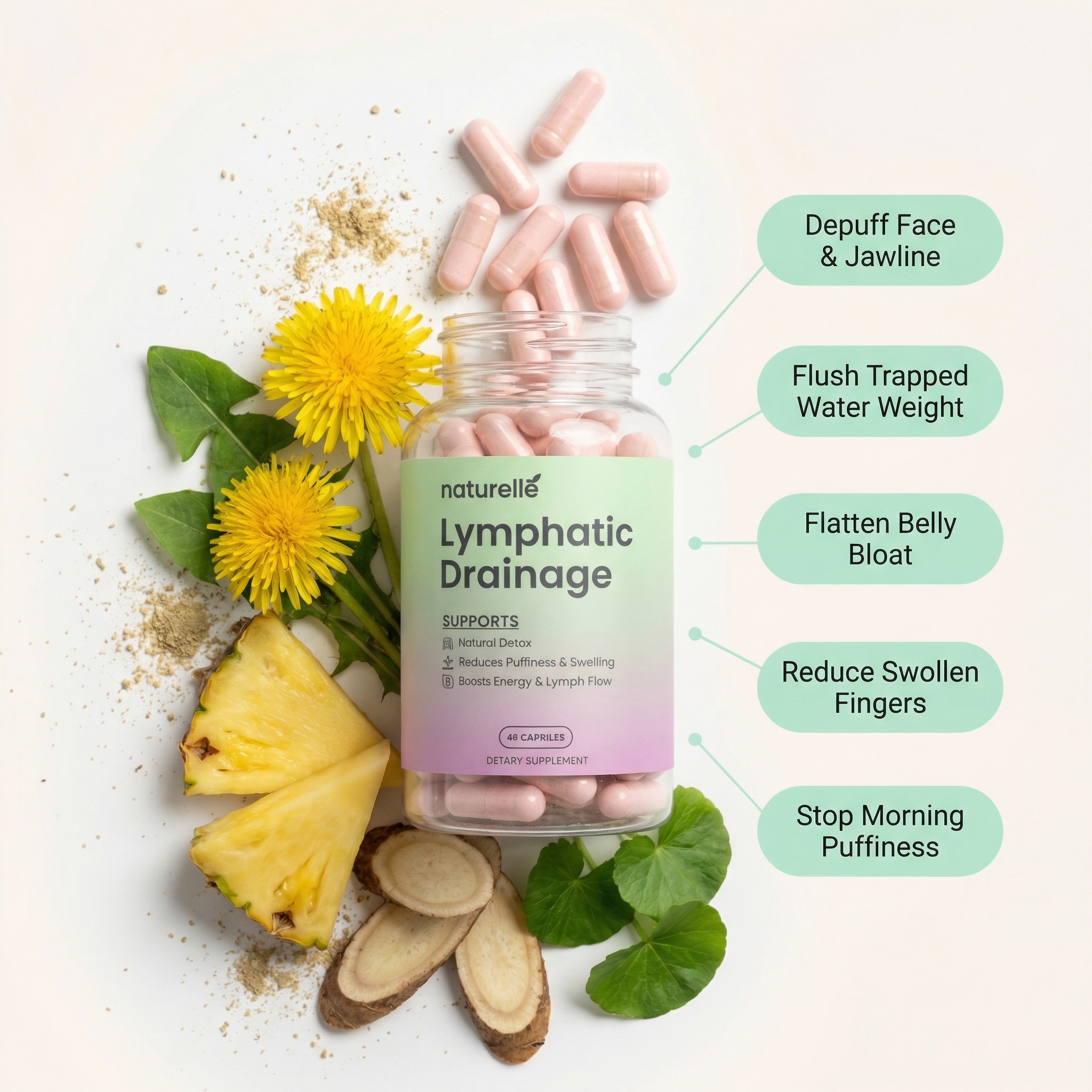 A bottle of Naturelle Lymphatic Drainage supplements surrounded by its ingredients, with a list of its benefits.