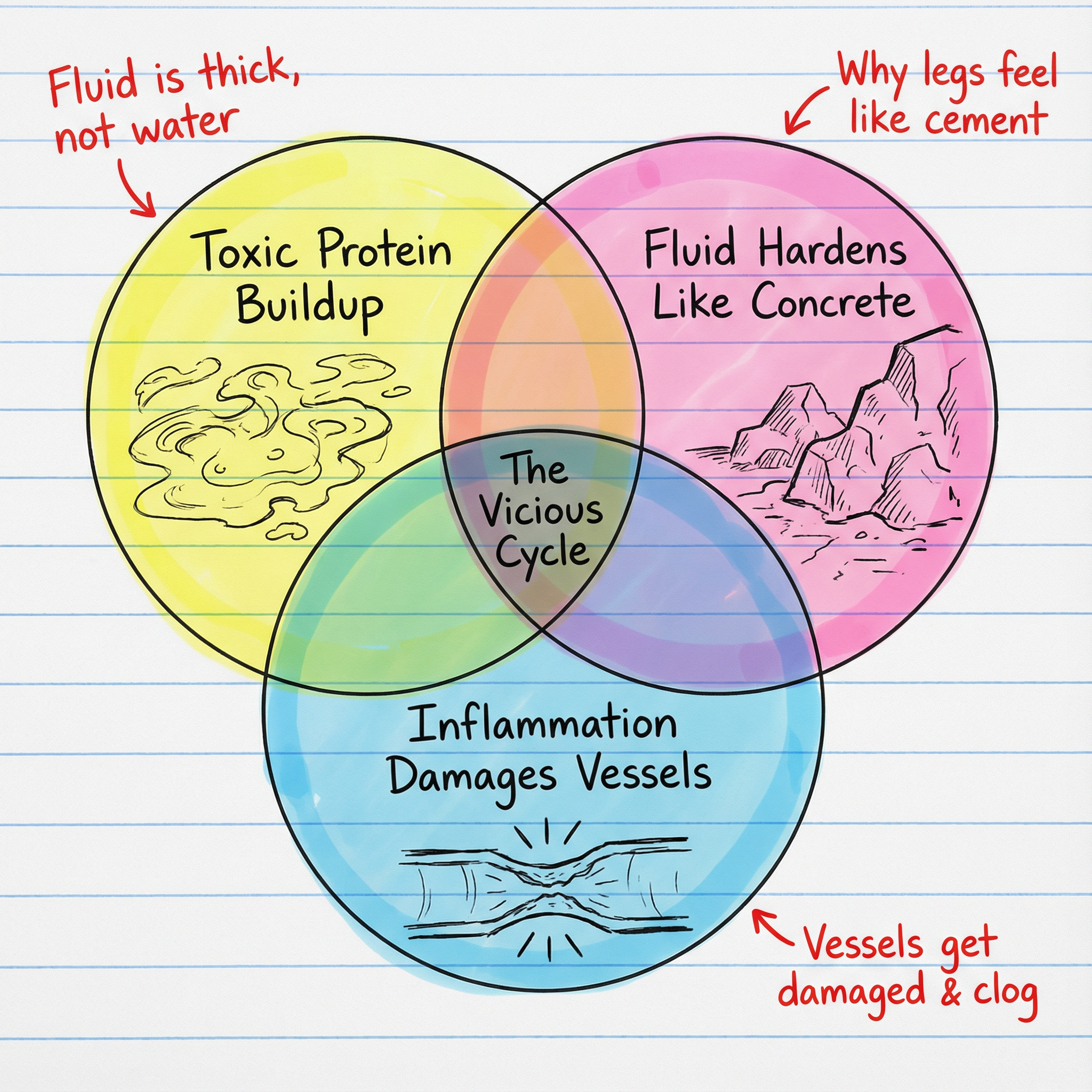 A Venn diagram on lined paper explaining 'The Vicious Cycle' of toxic protein buildup and inflammation.