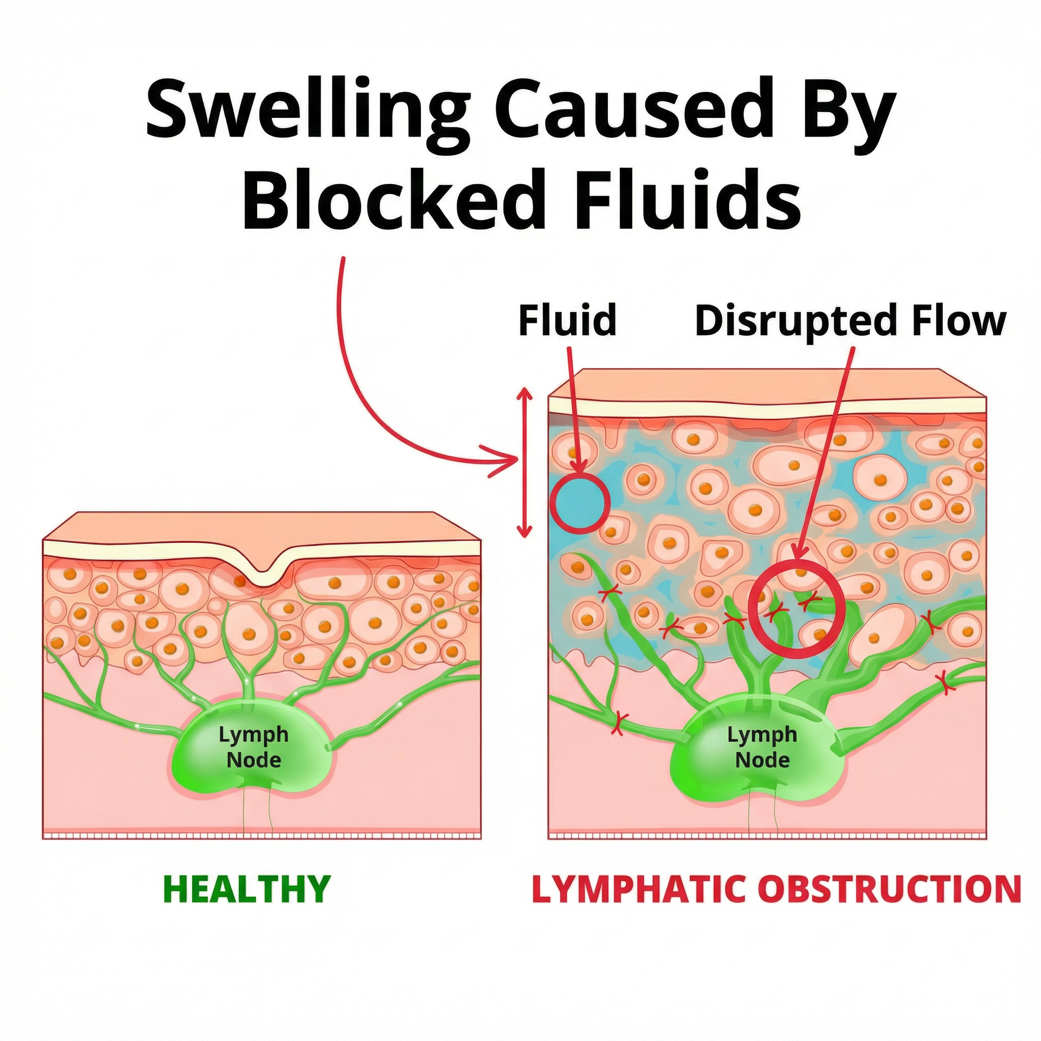 A diagram comparing a healthy lymphatic system to one with a lymphatic obstruction causing swelling from blocked fluids.