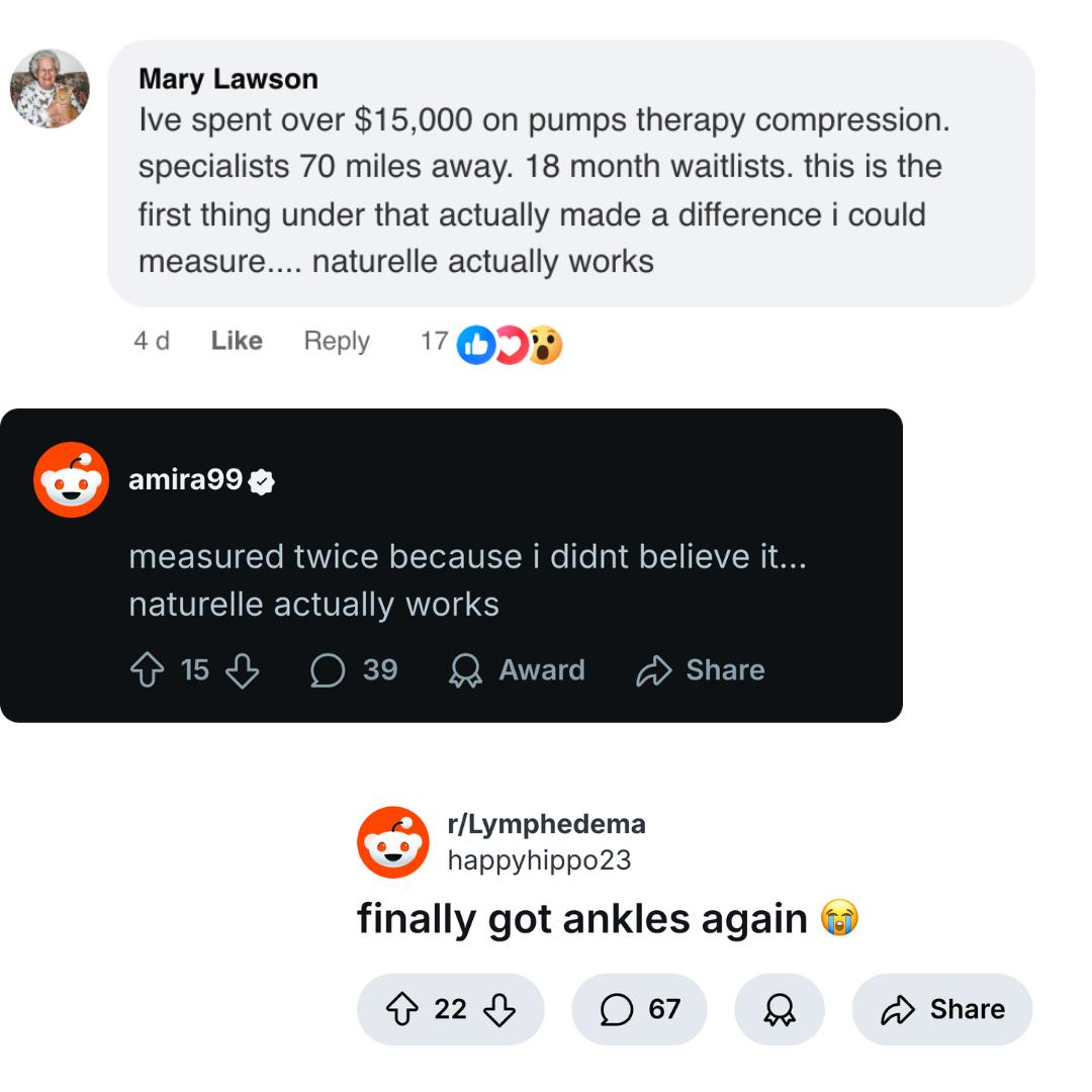 A collage of three screenshots of positive social media testimonials from Facebook and Reddit.