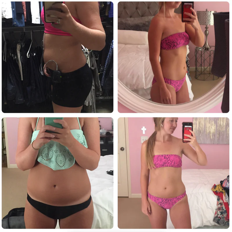 A four-photo collage showing before and after images of a woman's physical transformation.