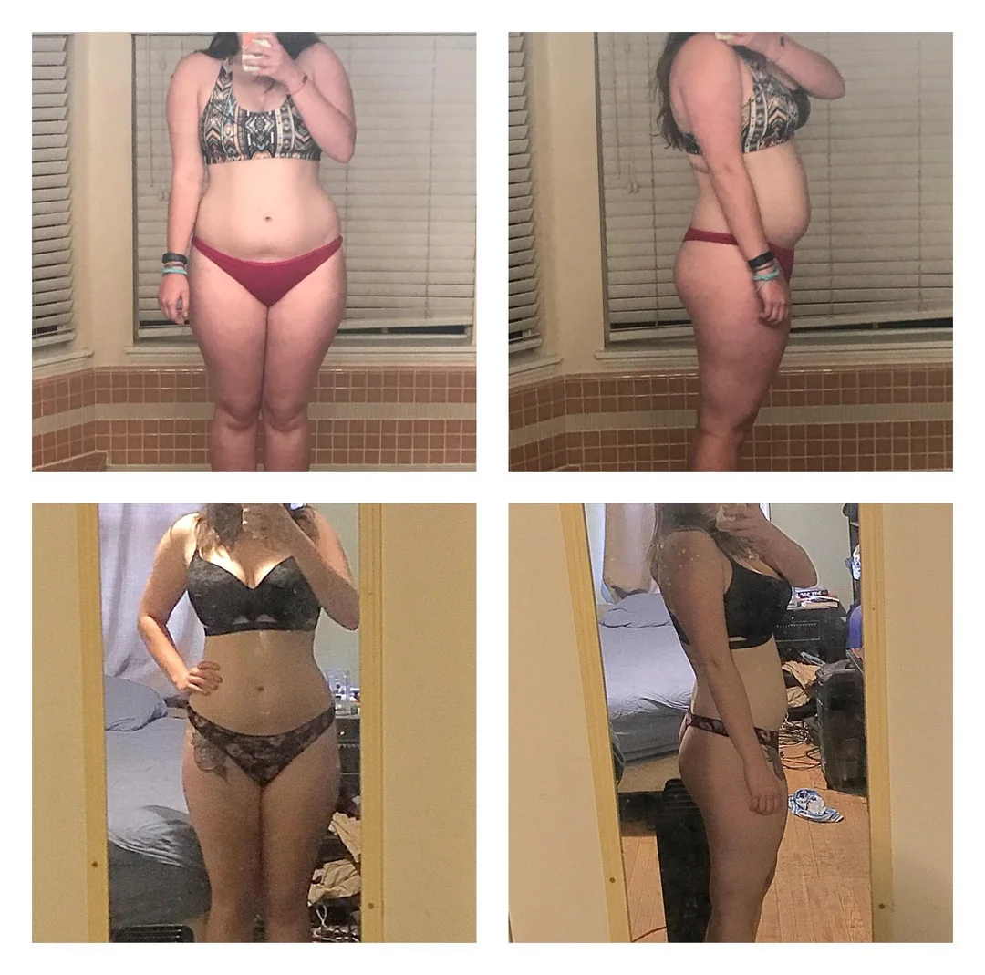 A before-and-after comparison of a woman's weight loss, showing her front and side profiles in four photos.