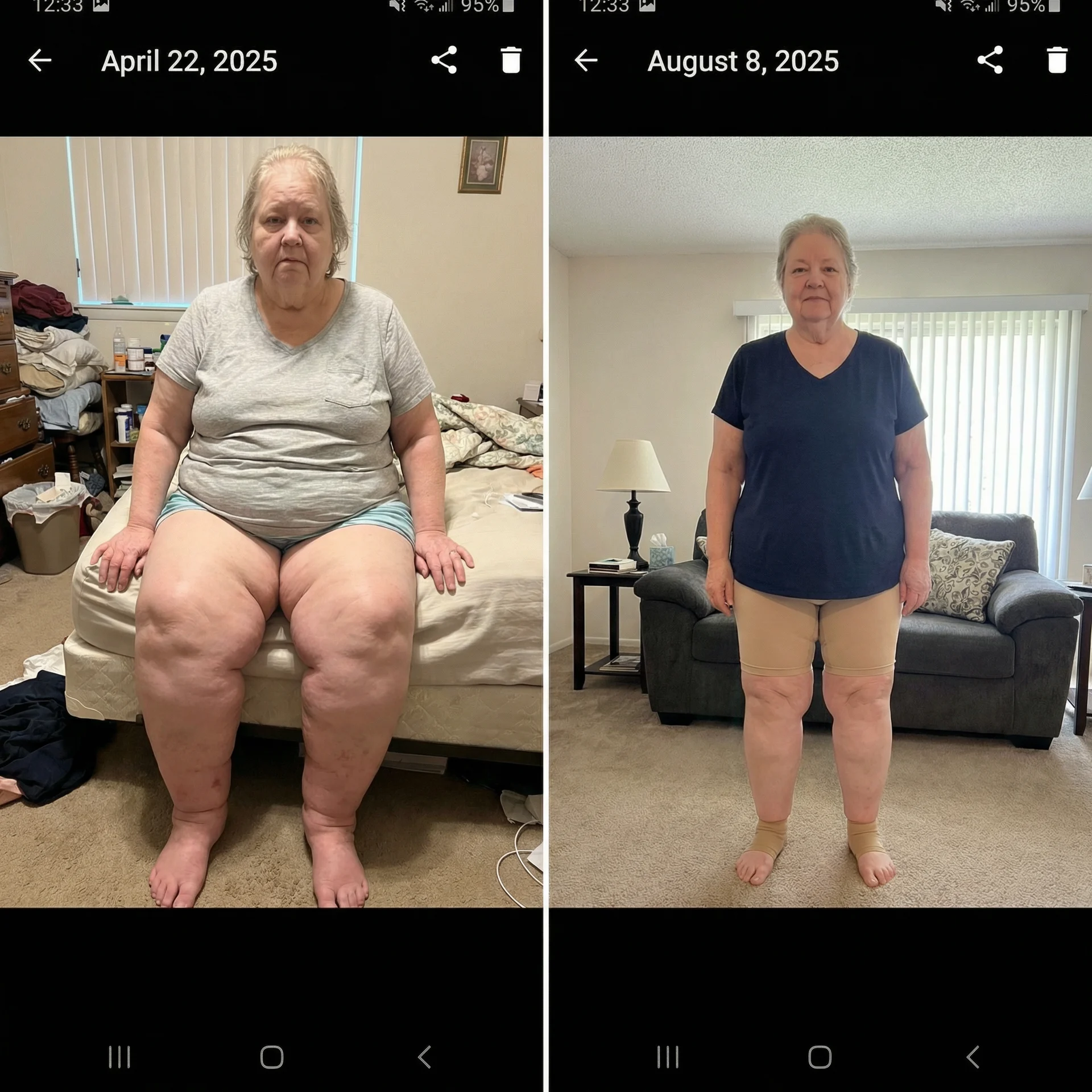 A side-by-side comparison of a woman showing her physical transformation between April and August.