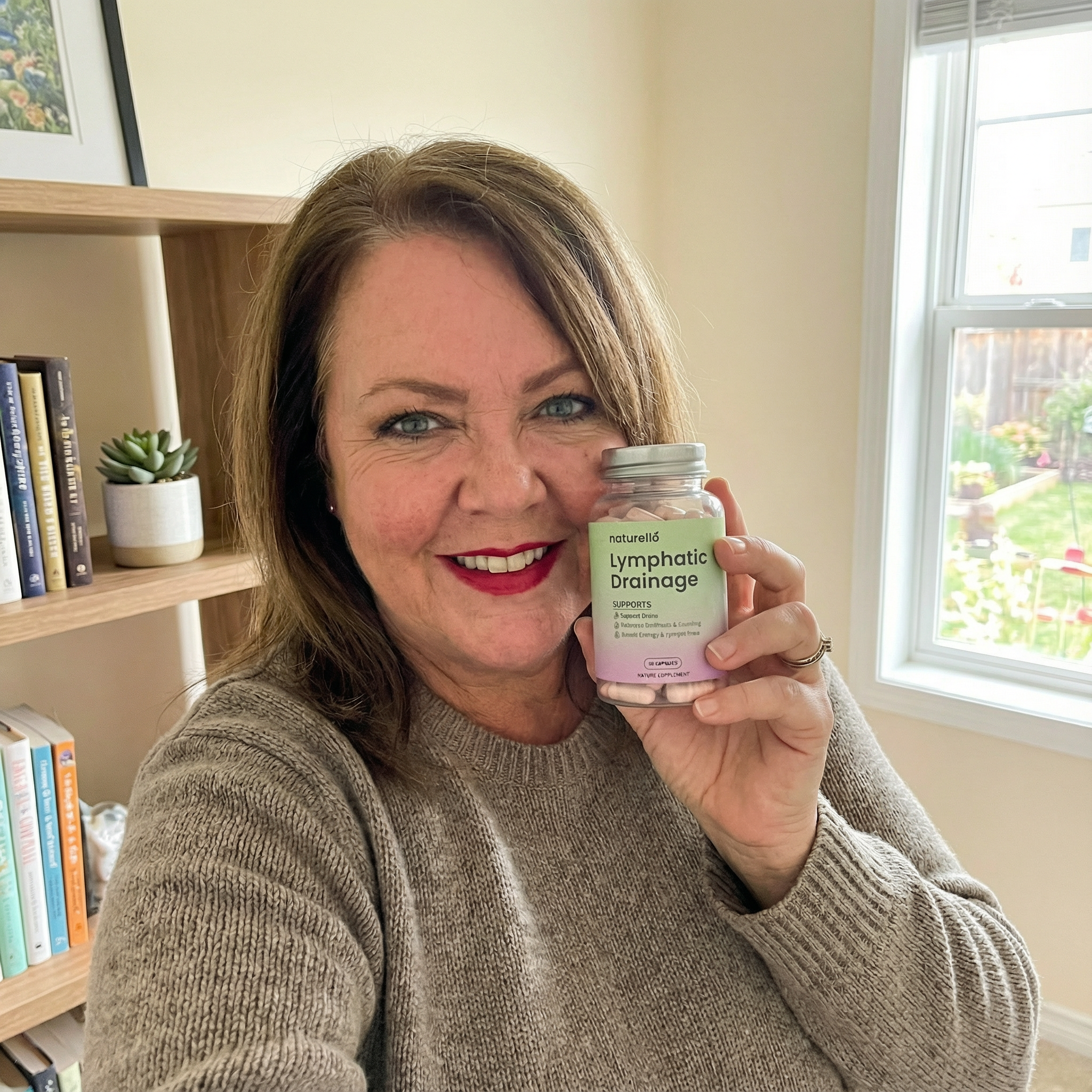 A smiling woman in a brown sweater holds up a bottle of Naturellō Lymphatic Drainage supplements.
