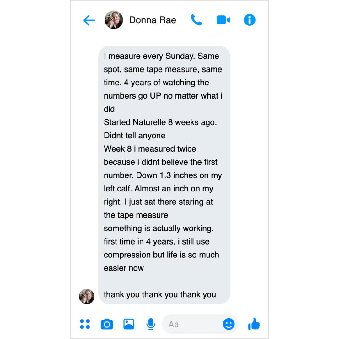 A screenshot of a text message from a user named Donna Rae sharing a positive testimonial.